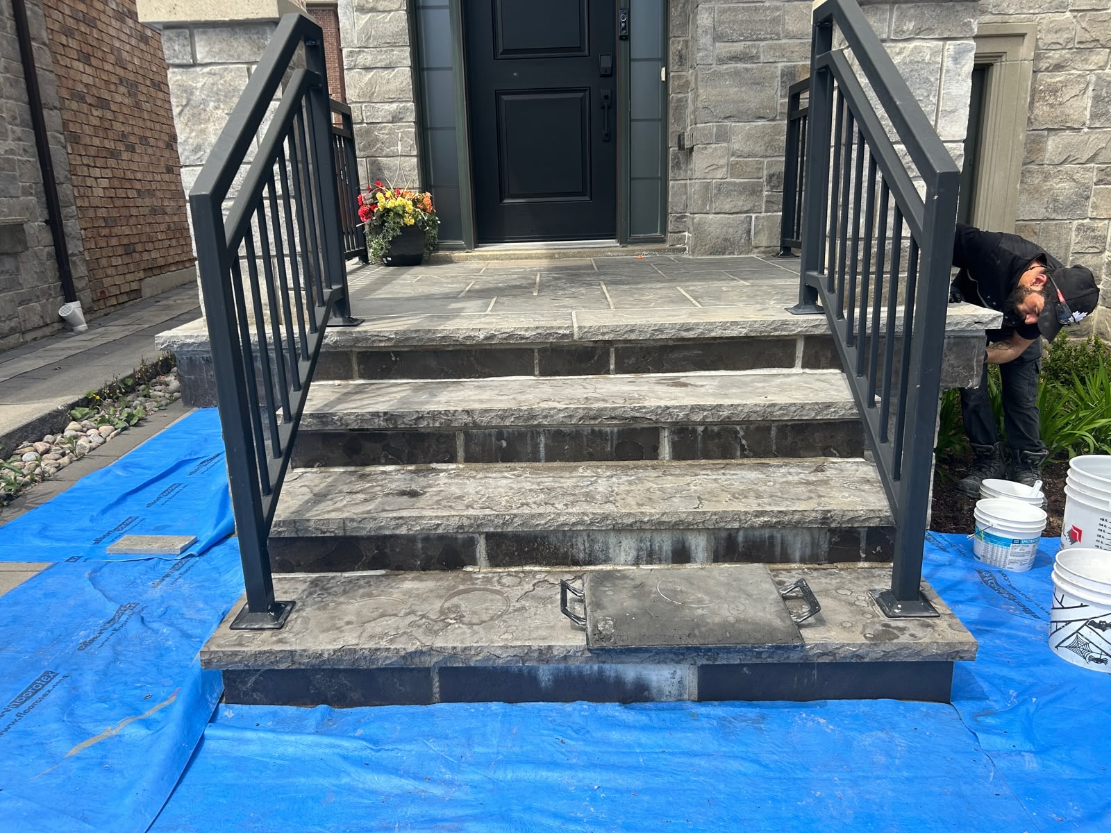 Natural-stone steps mid-project, before refinishing