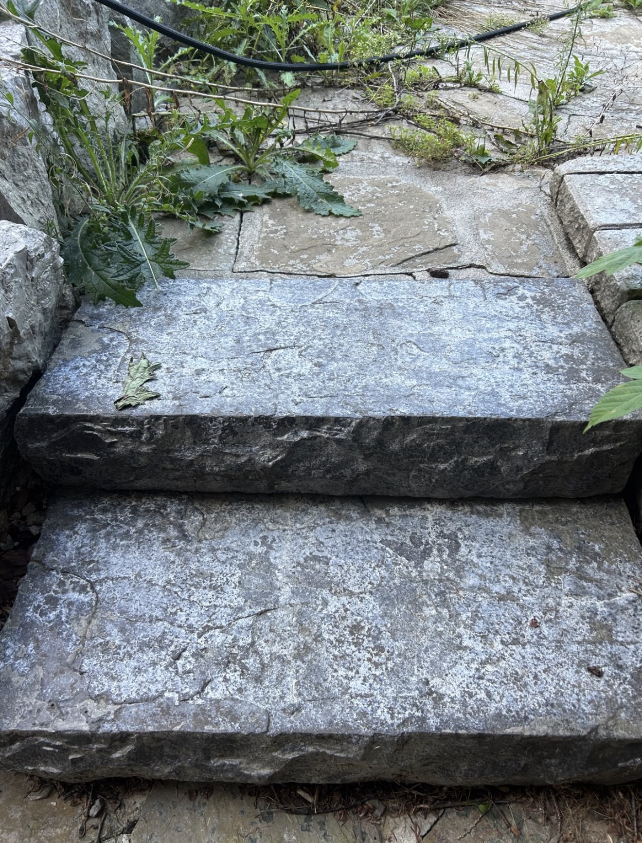 Bad sealer example: natural-stone steps with a white, patchy surface